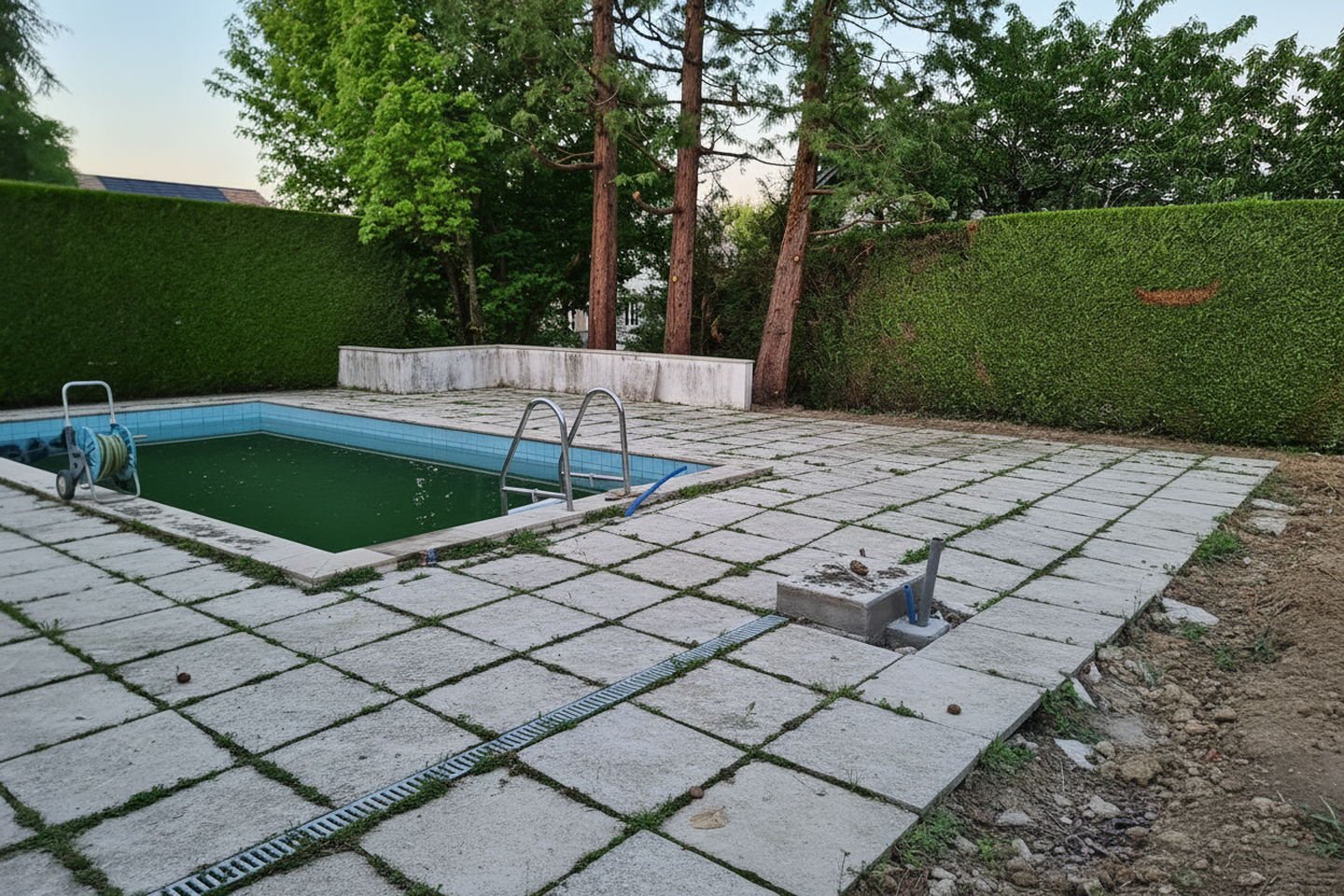 Terrasse de piscine reconstituée avant travaux : vieilles dalles de béton fissurées et disjointes, herbes dans les joints, margelle usée